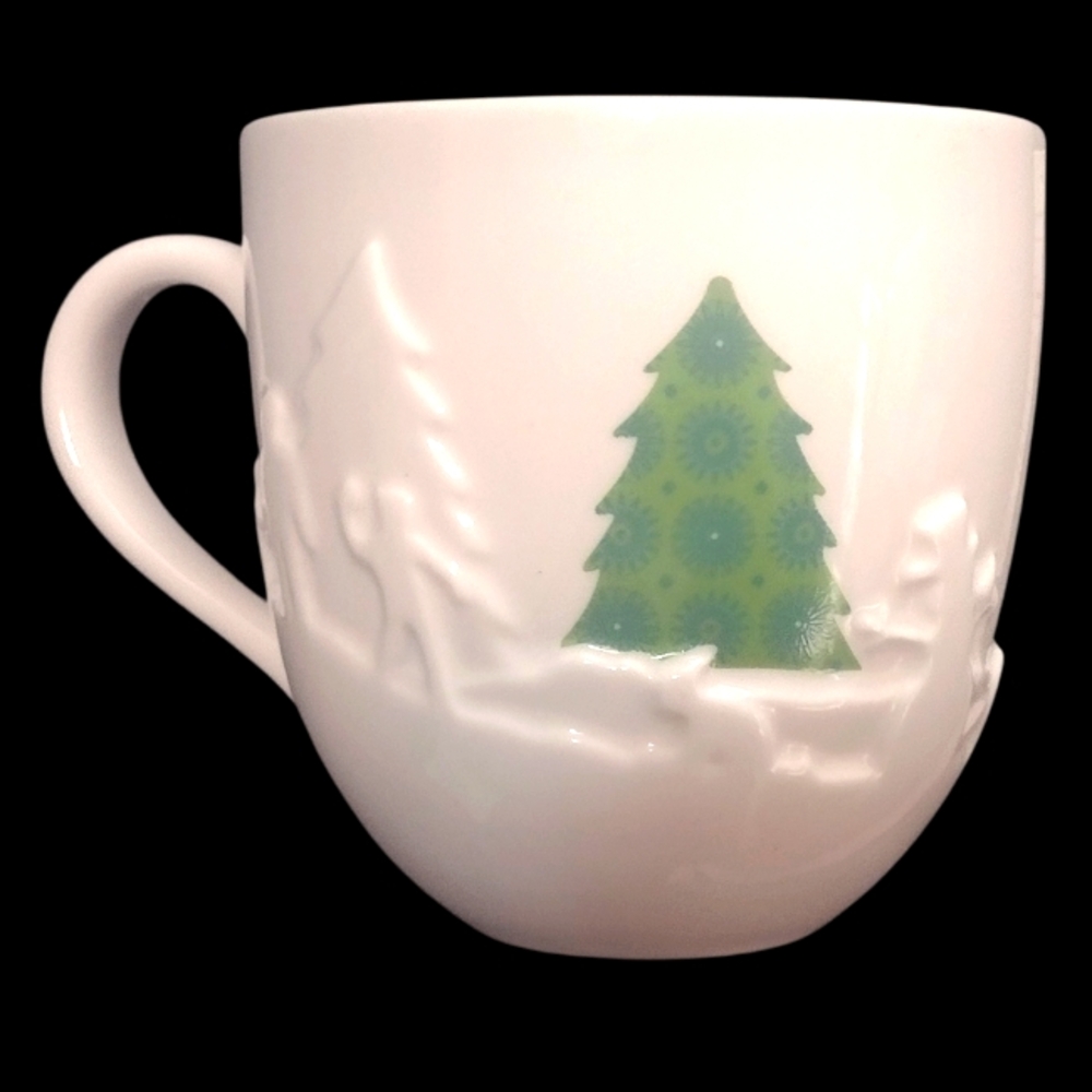 Starbucks Embossed White Christmas Mug With Green Trees, 2006